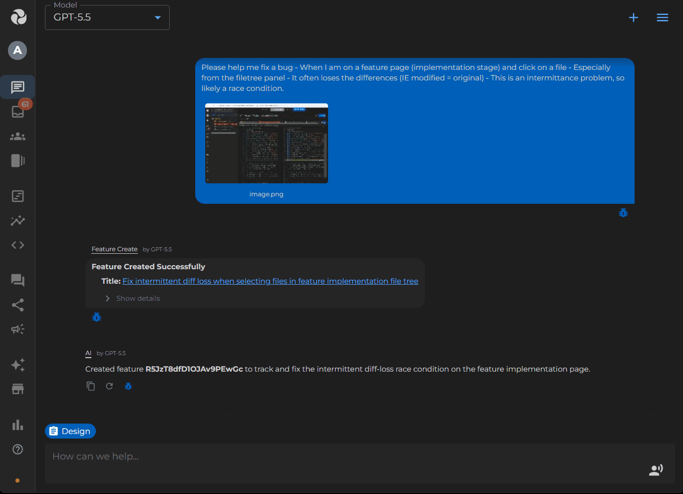 Chat panel showing a bug description being turned into a tracked feature with a generated ID