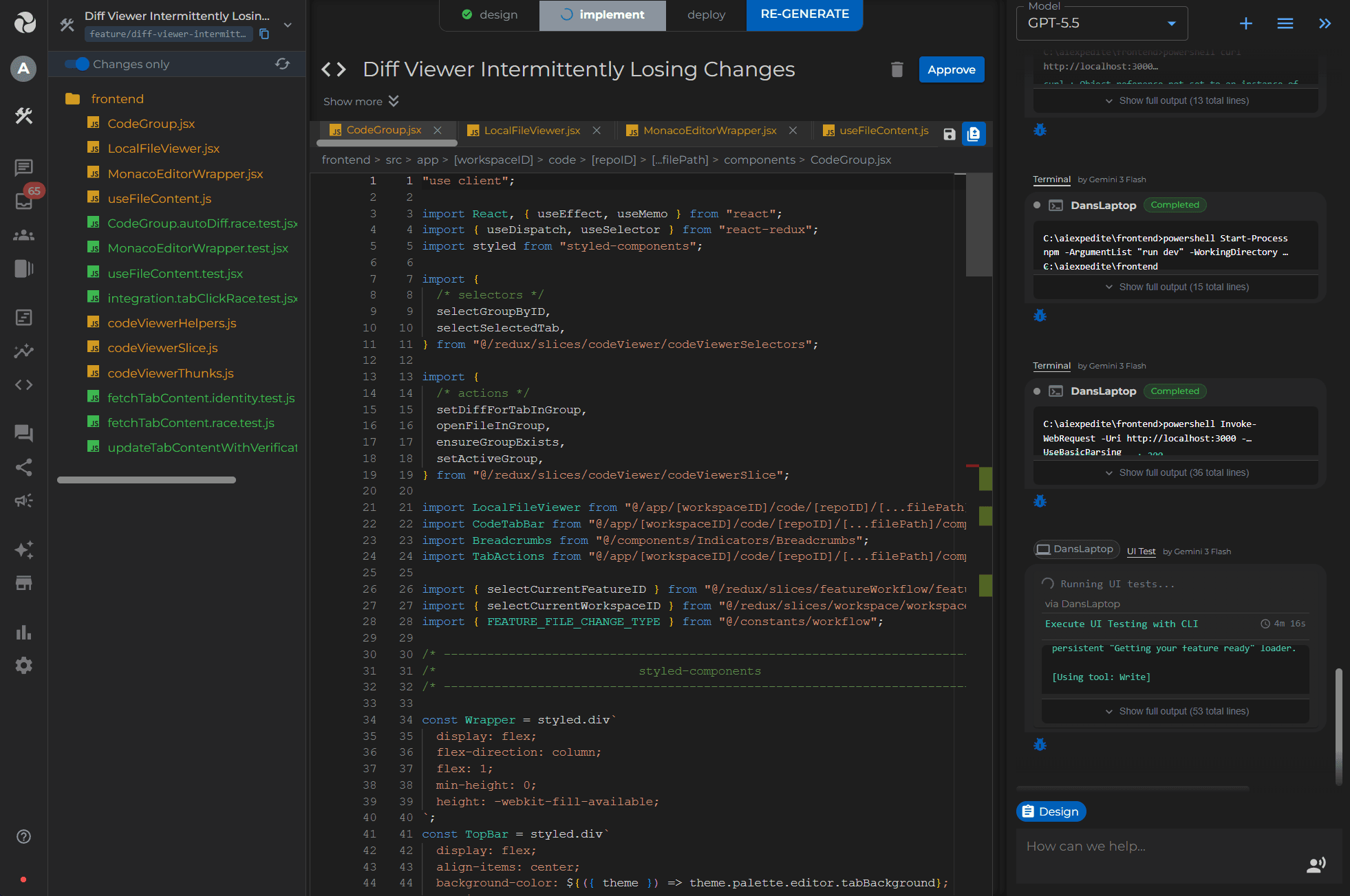 Code editor with file tree, multiple open tabs, and side terminals showing agents running tests and iterating on a fix