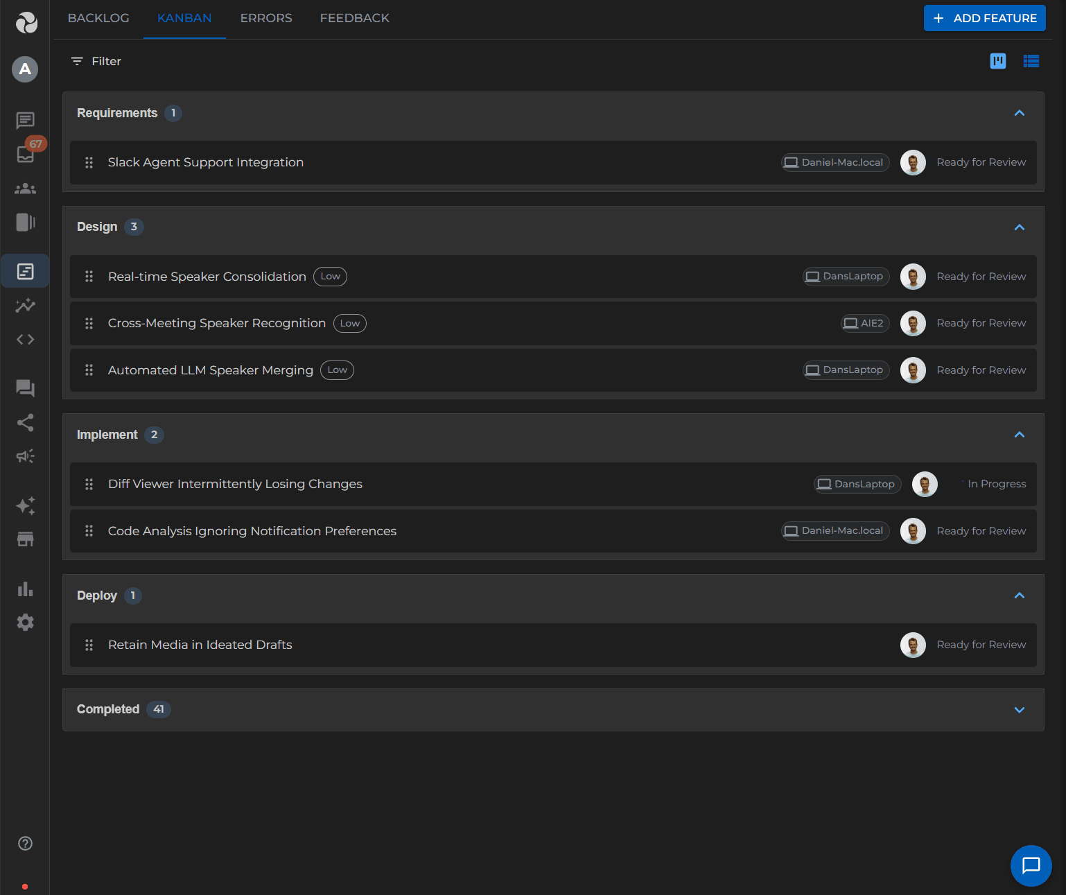 AI Expedite Kanban view showing features moving through Requirements, Design, Implement, and Deploy stages in parallel